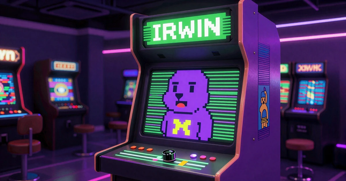 Irwin der violette Maskot-Hund feiert mit Bonus-M&uuml;nzen und 600 Euro Schein vor Retro-Arcade-Automat