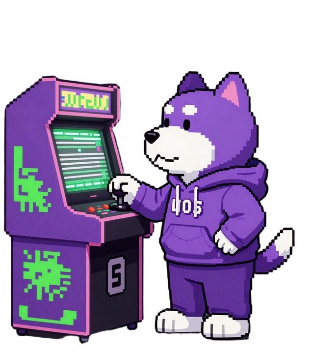Irwin der violette Maskot-Hund spielt am Retro-Arcade-Automaten im Online Casino Deutschland