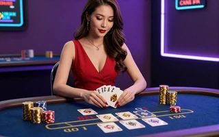 Speed Baccarat Pragmatic Play Live Dealerin im roten Kleid mit Karten